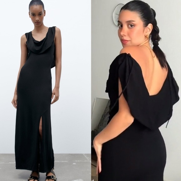 Zara Bloggers Fav Black Prom Elegant Open Back Fluid Neck Knit Maxi Dress Sz L - Picture 3 of 15